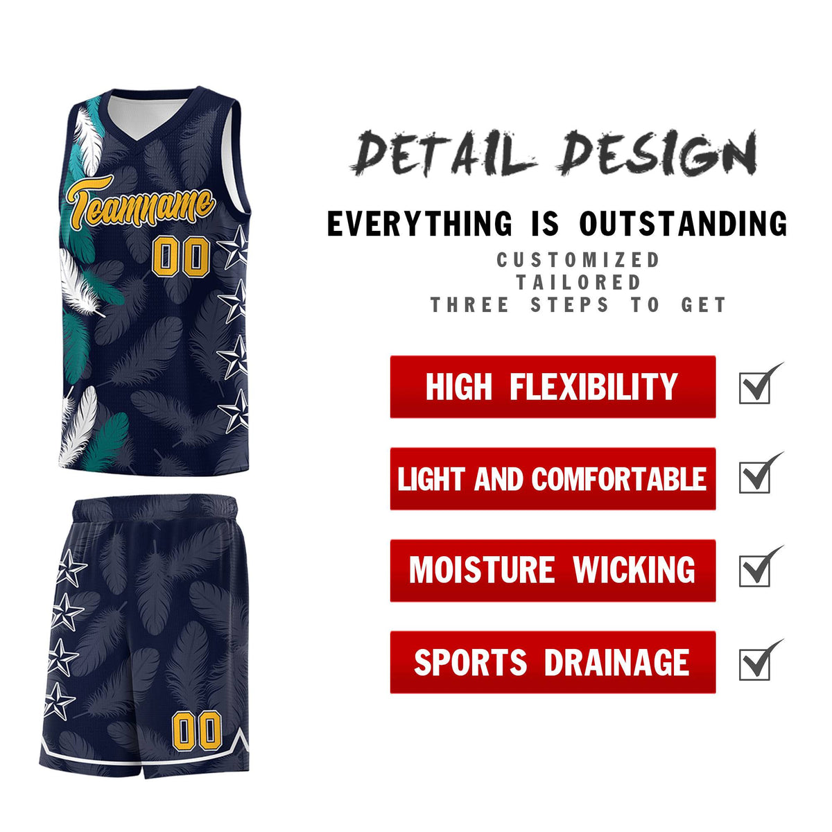 Custom Youth Basketball Jersey Navy Gold Feather Series Sports Uniform