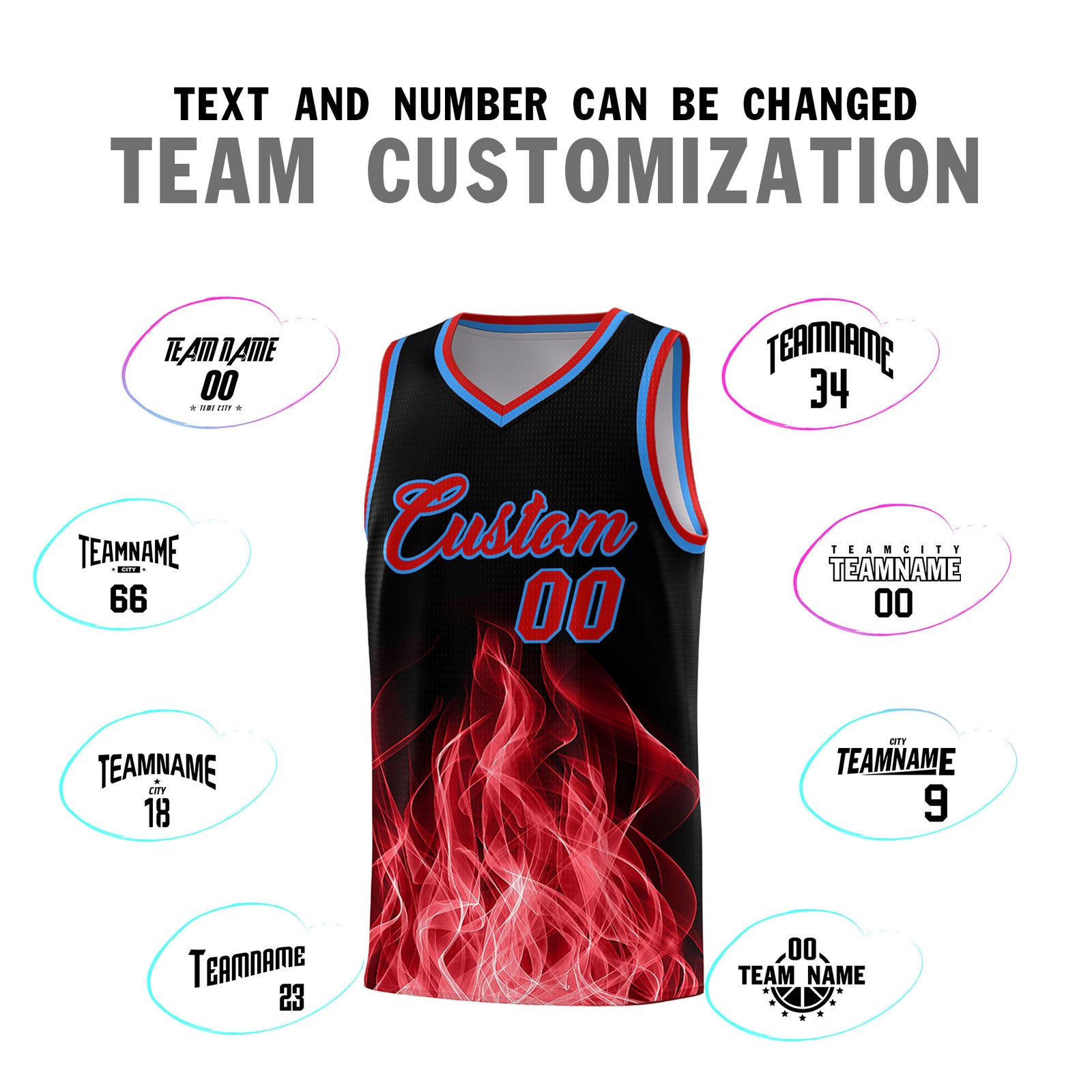 Custom Youth Basketball Jersey Black Red Flame Design Unique Team Uniform Set