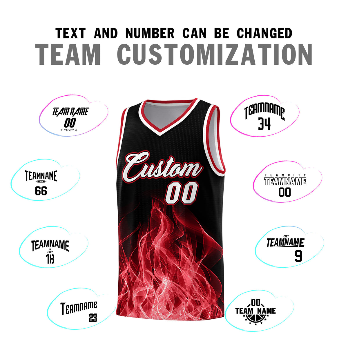 Custom Youth Basketball Jersey Black Red Flame Design Personalized Team Uniform Set