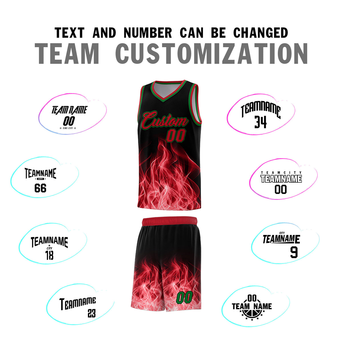 Custom Youth Basketball Jersey Black Red Flame Fire Design Personalized Team Uniform Set