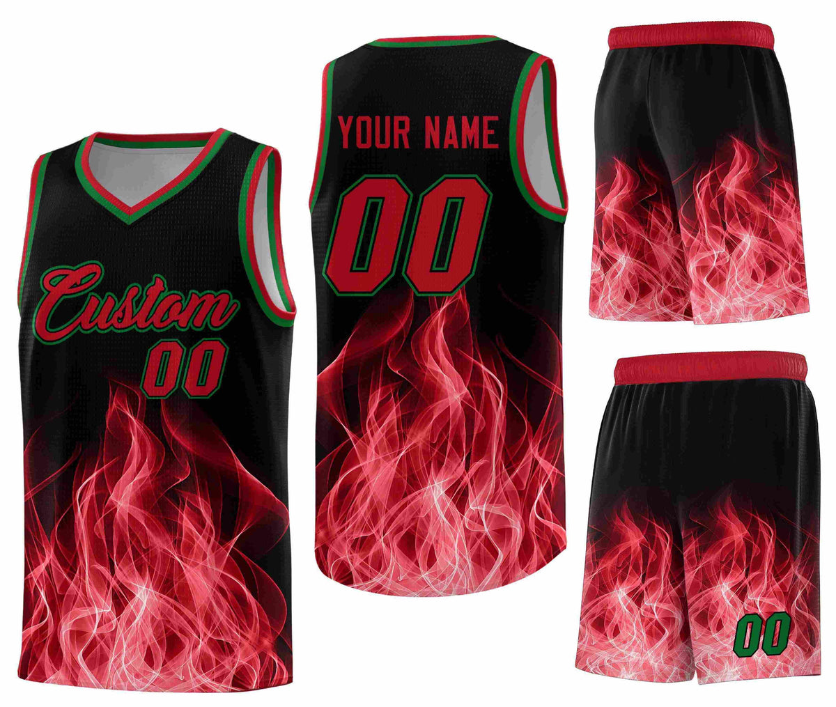 Custom Black Red Flame Graffiti Pattern Wrinkle-Resistant Personalized Uniform Basketball Jersey