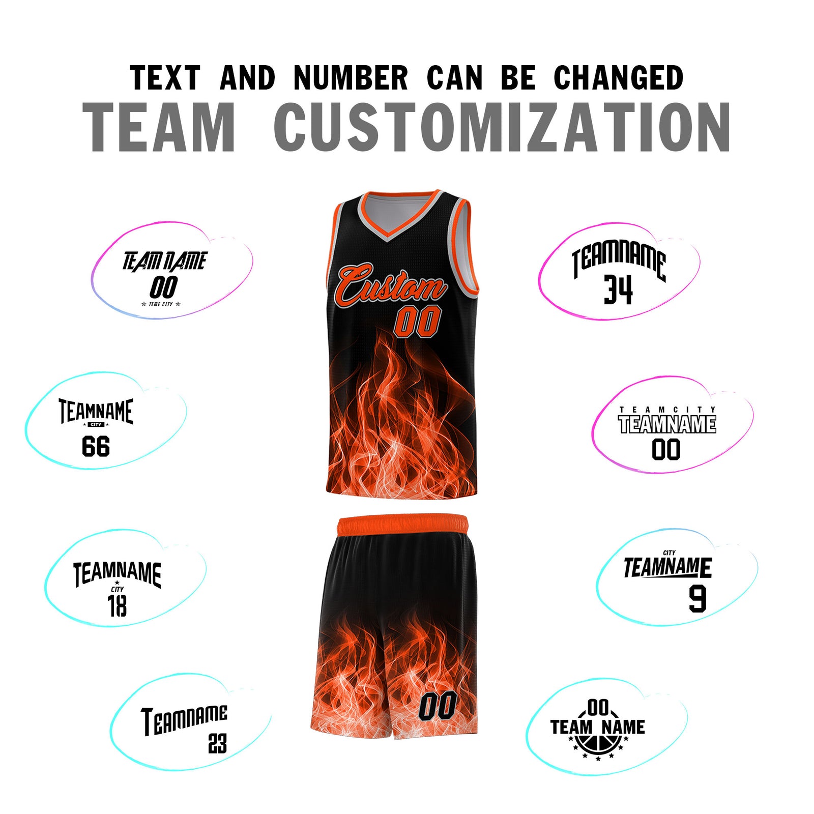 Custom Youth Basketball Jersey Black Orange Flame Design Unique Team Uniform Set