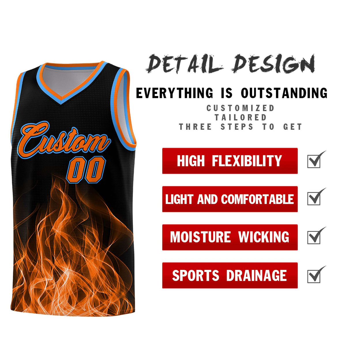 Custom Youth Basketball Jersey Black Orange Flame Design Personalized Team Uniform Set