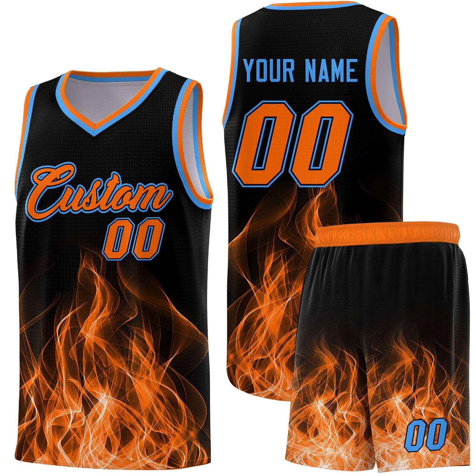 Custom Youth Basketball Jersey Black Orange Flame Design Personalized Team Uniform Set
