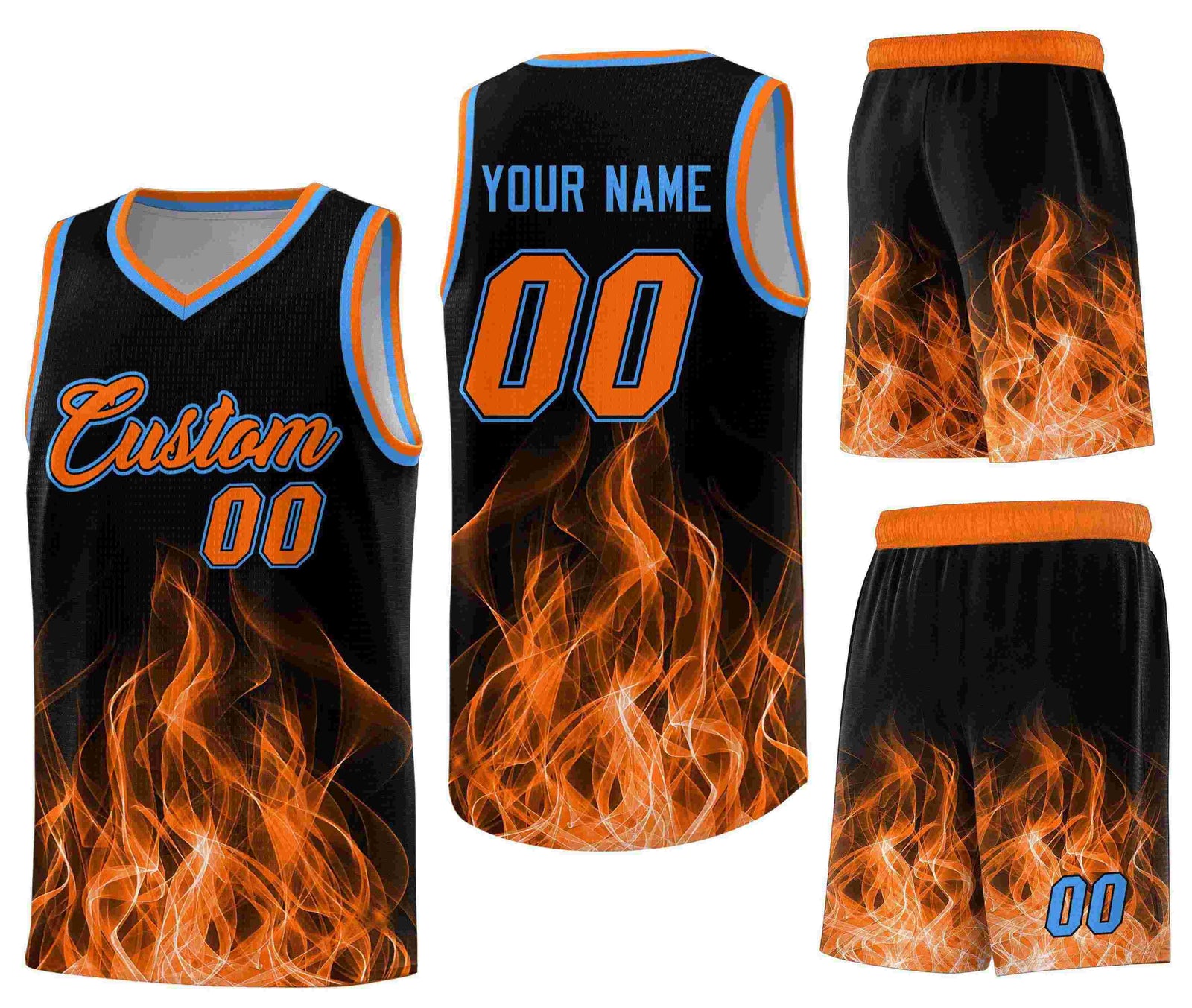 Custom Black Orange Flame Graffiti Pattern Sublimation Printing Personalized Uniform Basketball Jersey