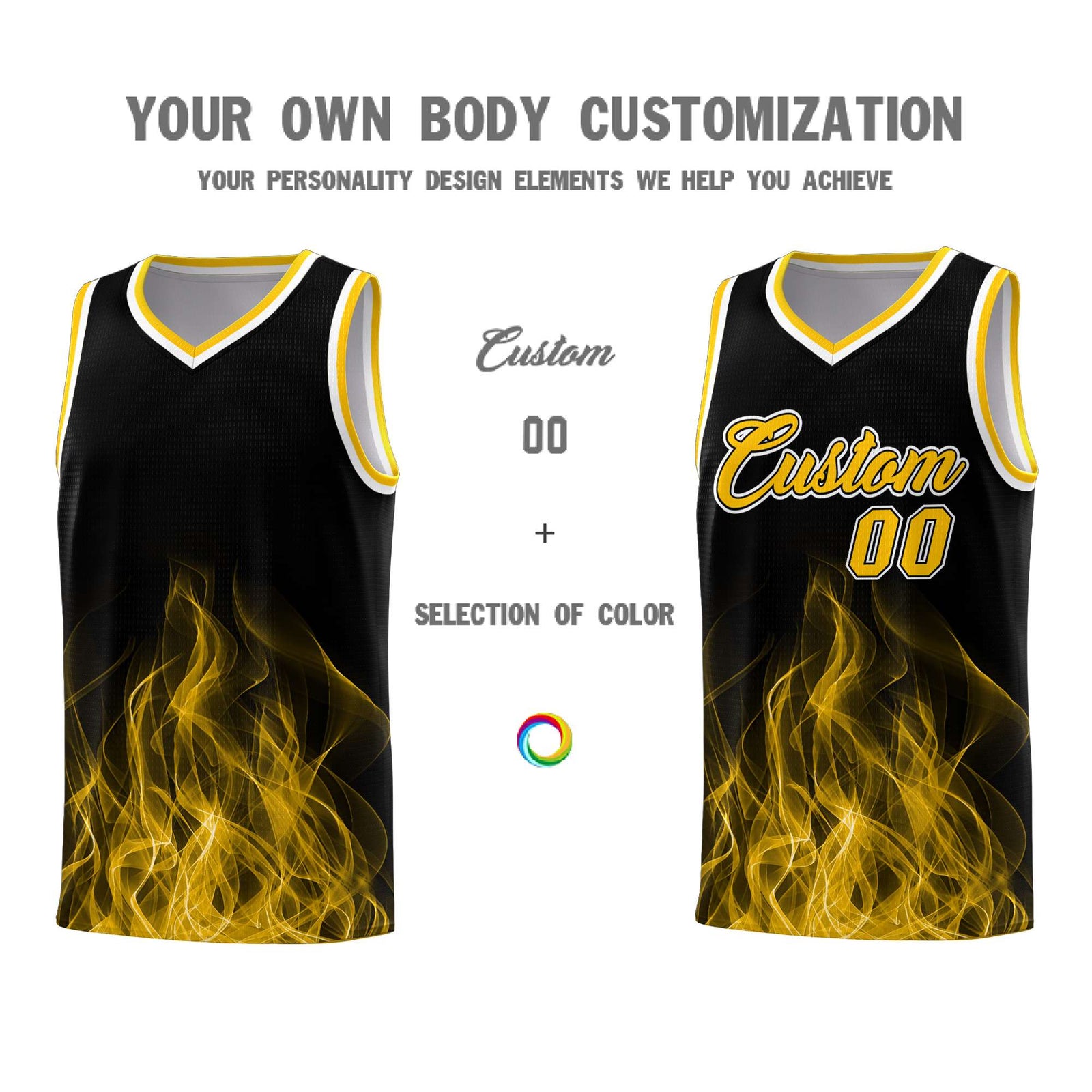 Custom Youth Basketball Jersey Black Yellow Flame Fire Design Personalized Team Uniform Set
