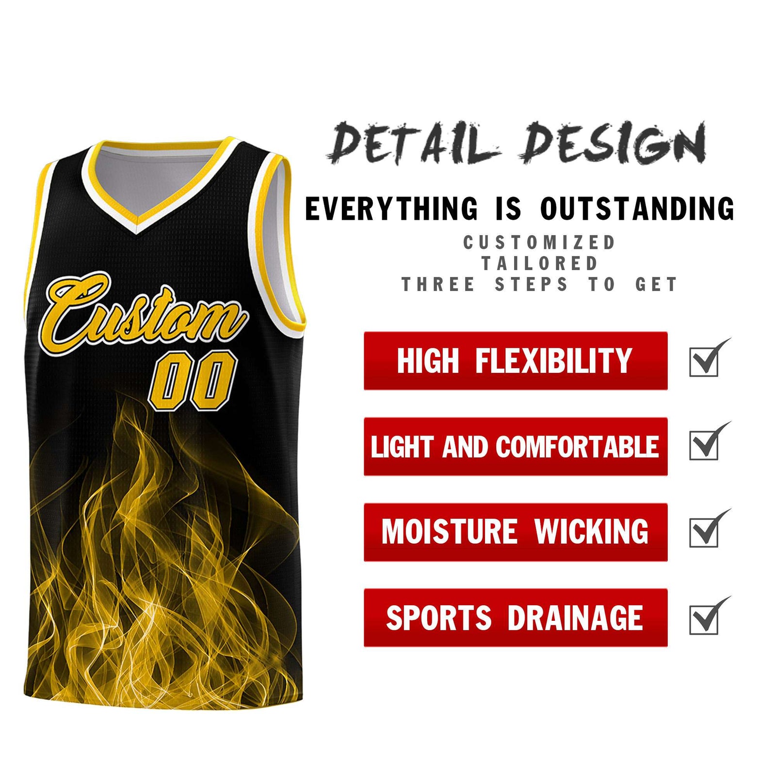 Custom Youth Basketball Jersey Black Yellow Flame Fire Design Personalized Team Uniform Set