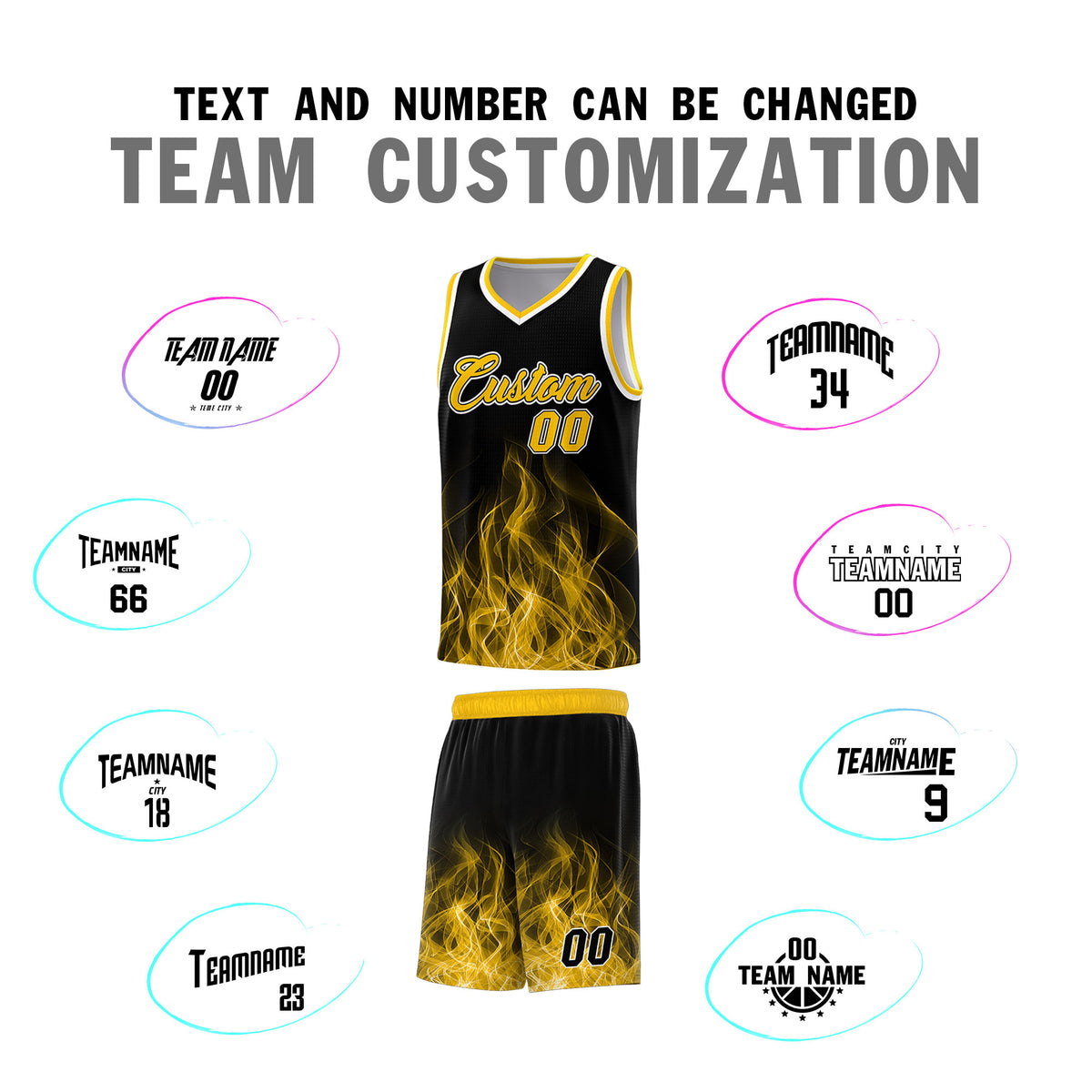 Custom Youth Basketball Jersey Black Yellow Flame Fire Design Personalized Team Uniform Set