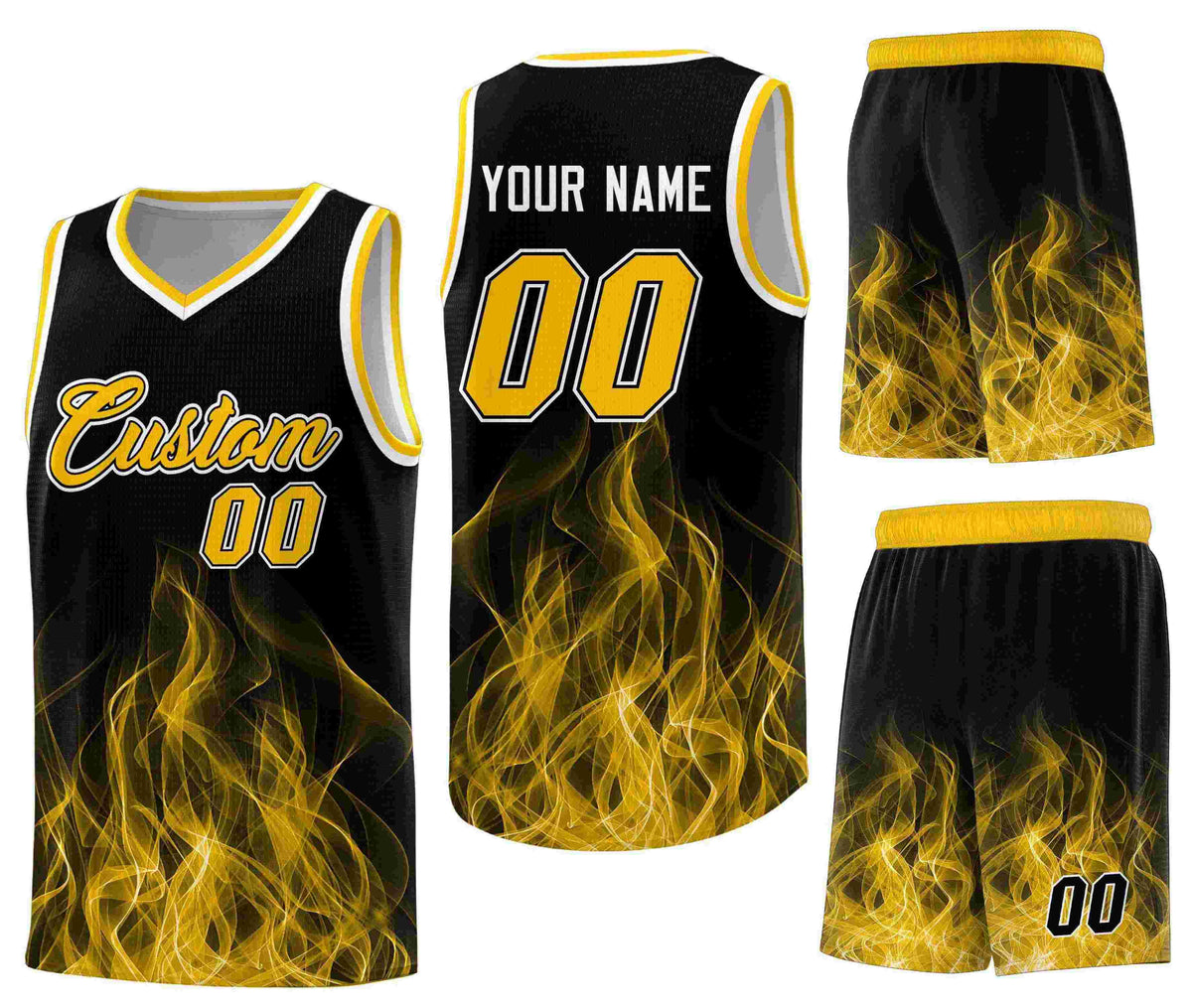 Custom Black Yellow Flame Graffiti Pattern Breathable Personalized Uniform Basketball Jersey
