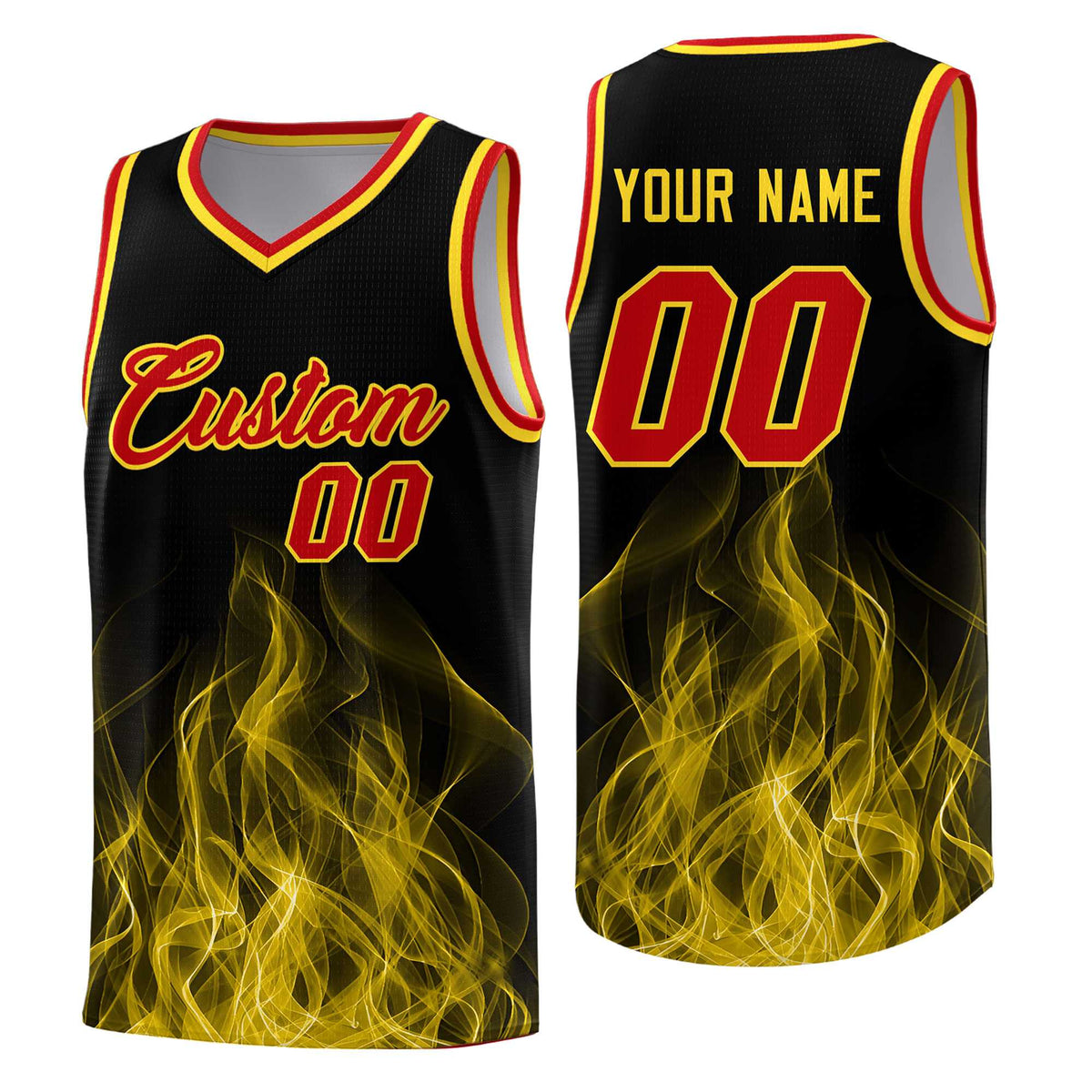 Custom Youth Basketball Jersey Black Gold Flame Design Unique Team Uniform Set