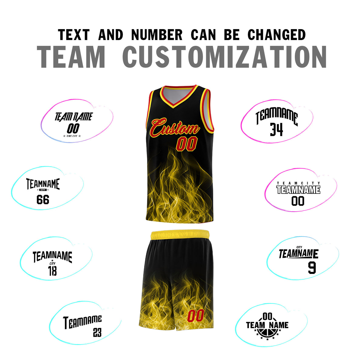 Custom Youth Basketball Jersey Black Gold Flame Design Unique Team Uniform Set