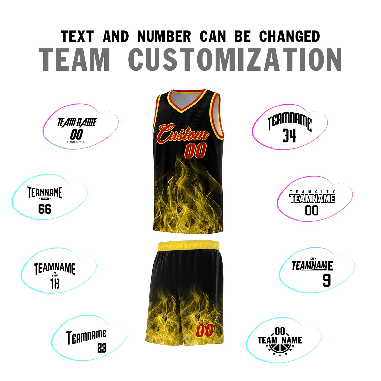 Custom Youth Basketball Jersey Black Gold Flame Design Unique Team Uniform Set