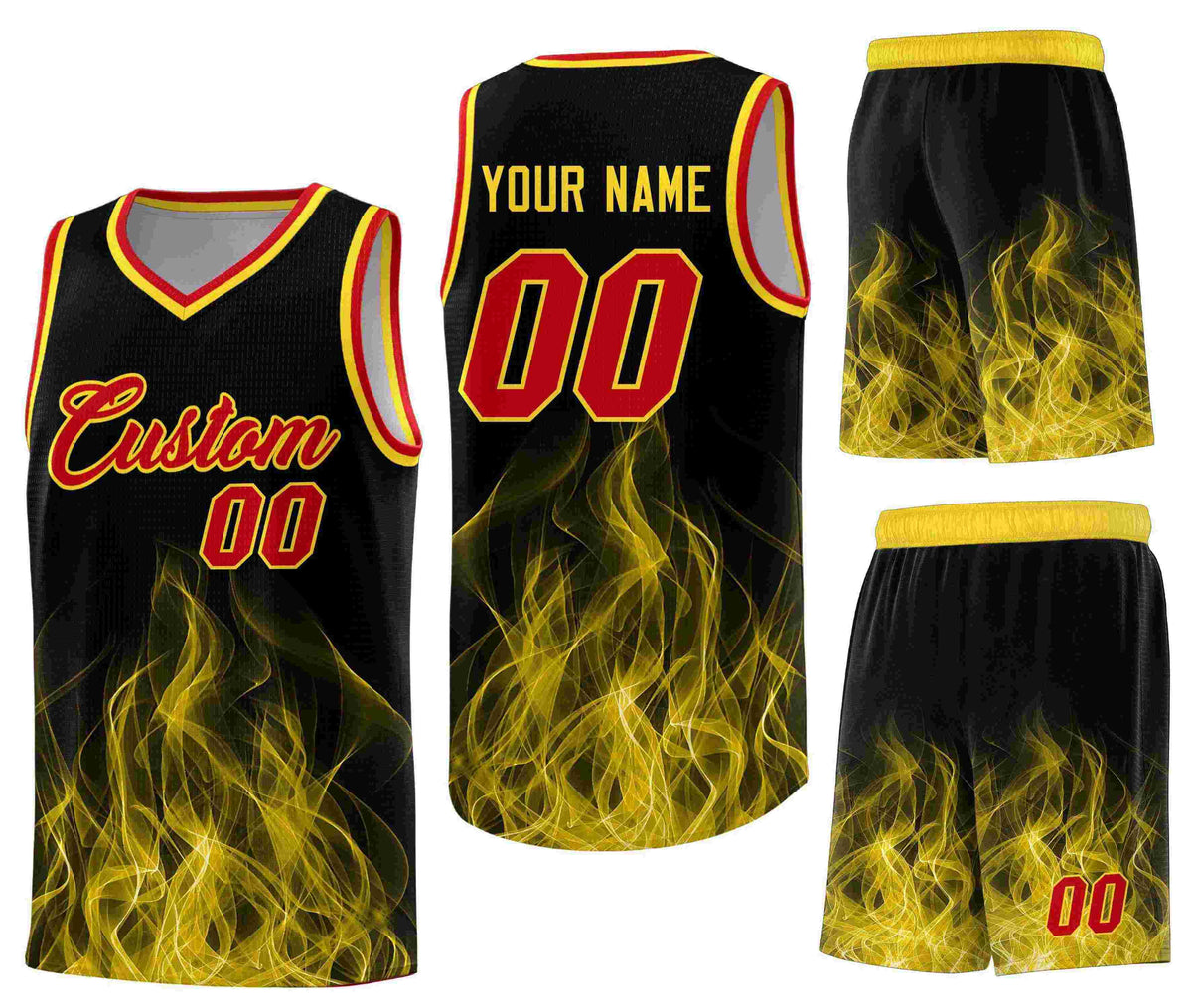 Custom Black Gold Flame Graffiti Pattern Quick-Drying Personalized Uniform Basketball Jersey