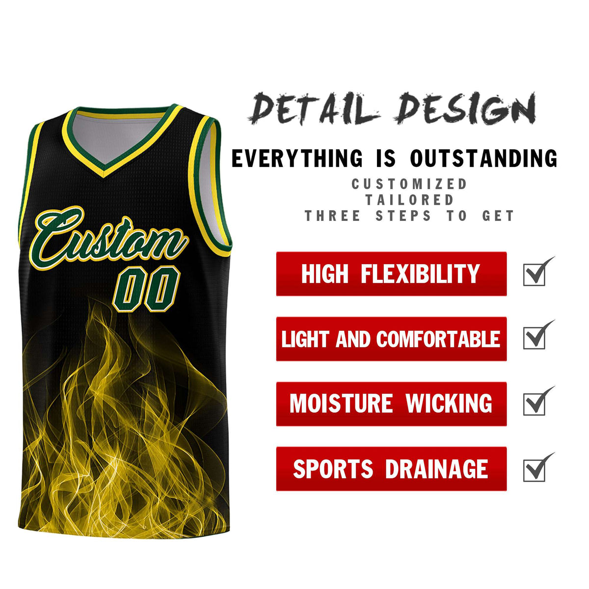 Custom Youth Basketball Jersey Black Gold Flame Design Personalized Team Uniform Set