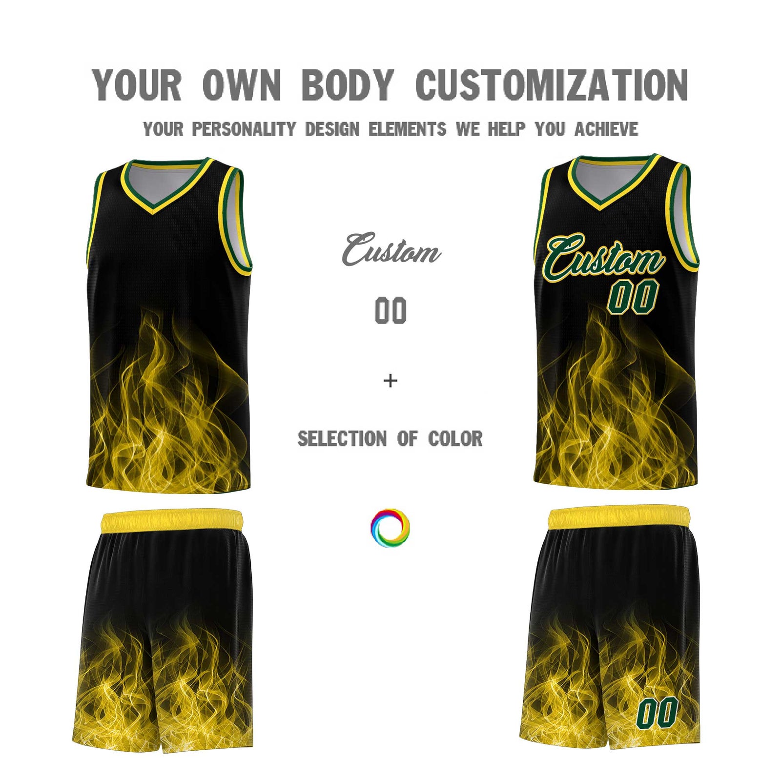 Custom Youth Basketball Jersey Black Gold Flame Design Personalized Team Uniform Set