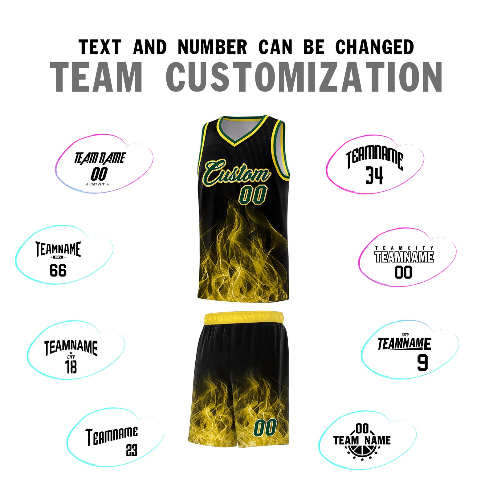 Custom Youth Basketball Jersey Black Gold Flame Design Personalized Team Uniform Set