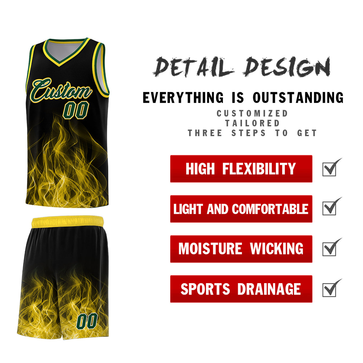 Custom Youth Basketball Jersey Black Gold Flame Design Personalized Team Uniform Set