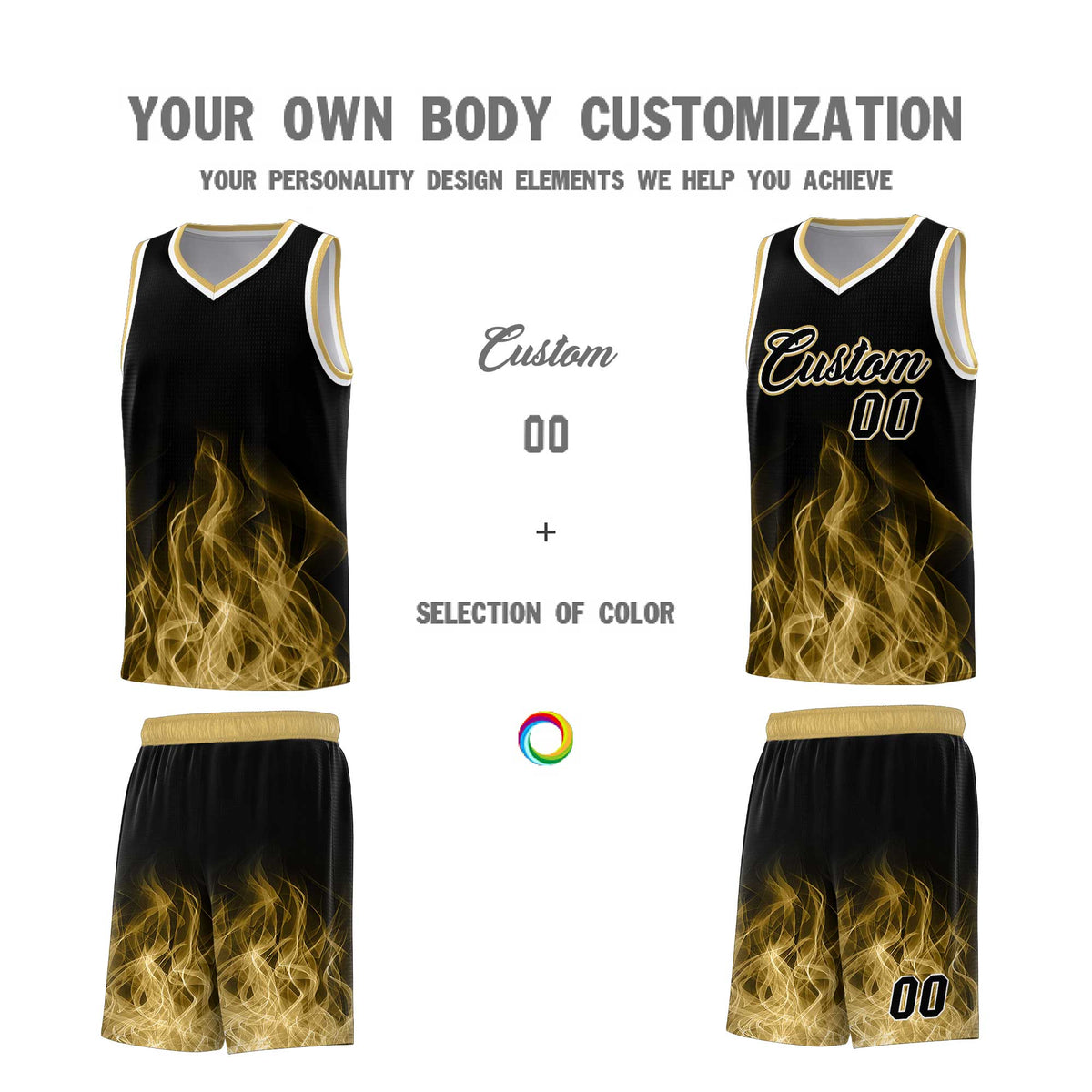 Custom Youth Basketball Jersey Black Old Gold Flame Fire Design Personalized Team Uniform Set