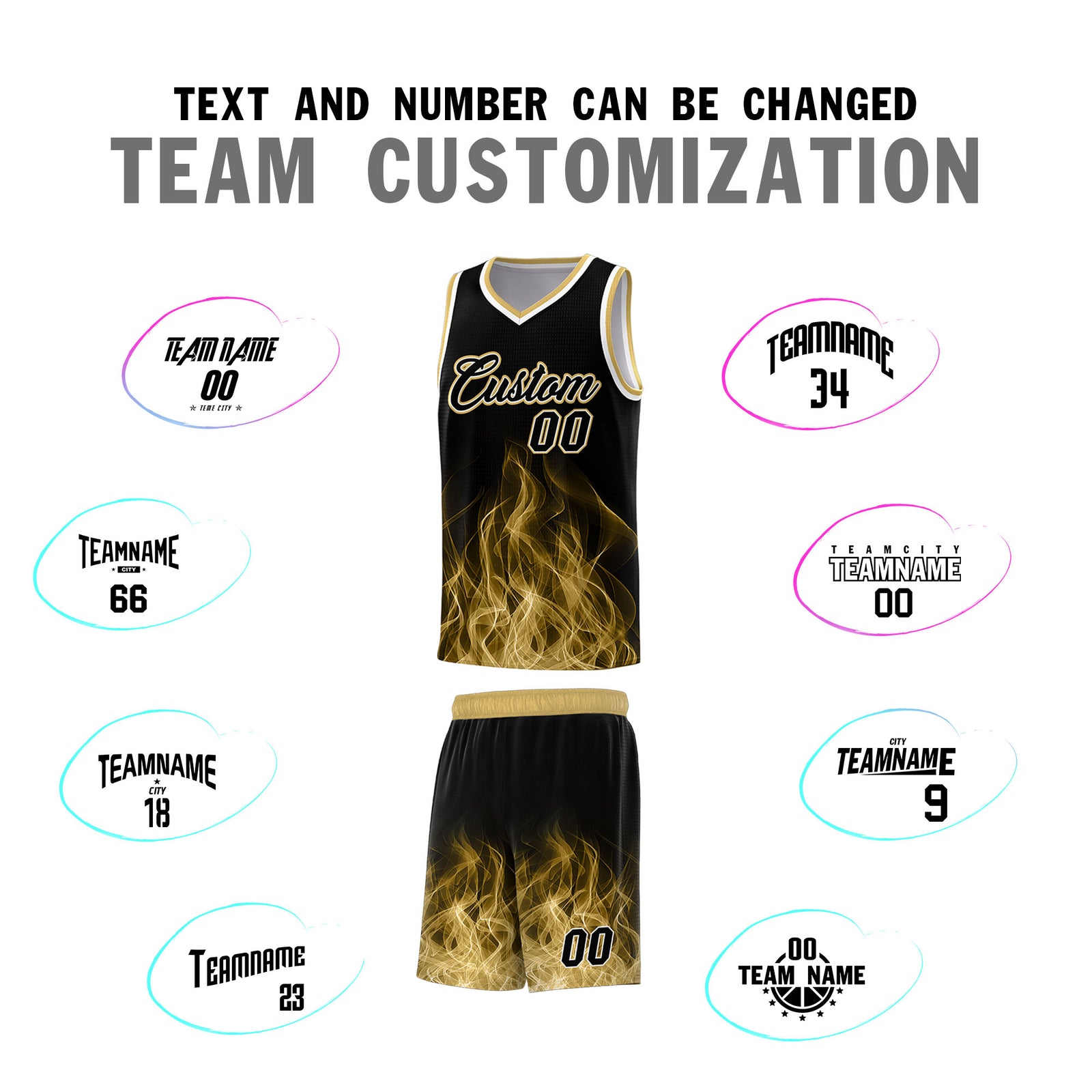 Custom Youth Basketball Jersey Black Old Gold Flame Fire Design Personalized Team Uniform Set