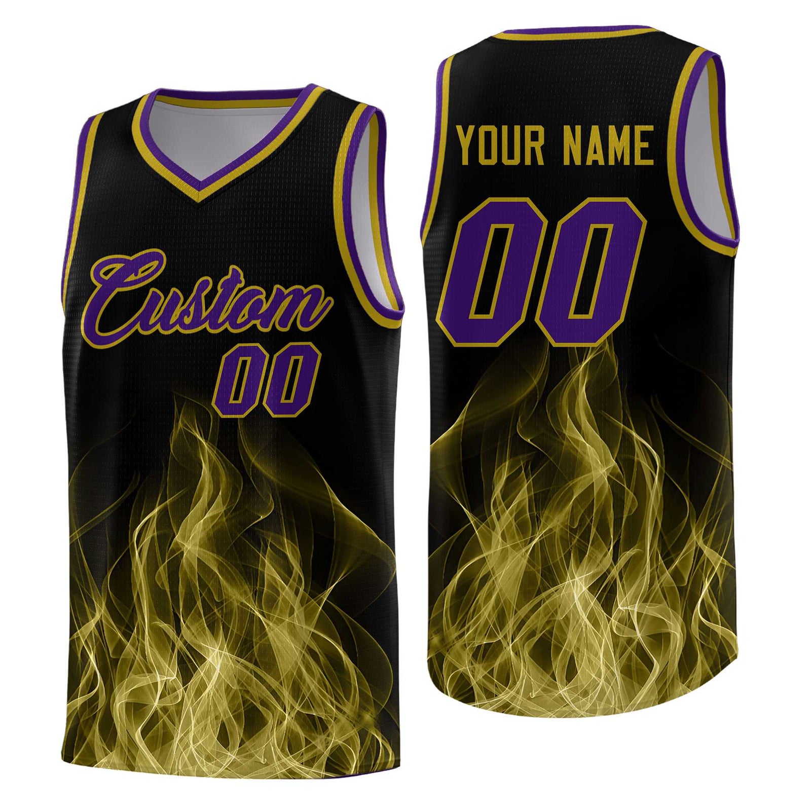 Custom Youth Basketball Jersey Black Purple Flame Design Unique Team Uniform Set