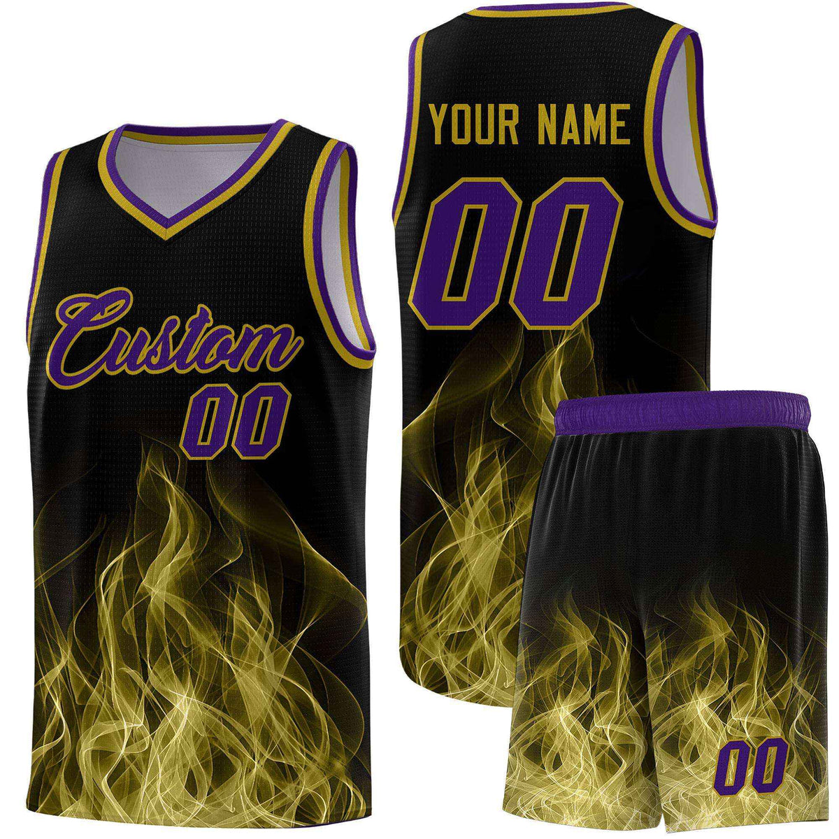 Custom Youth Basketball Jersey Black Purple Flame Design Unique Team Uniform Set