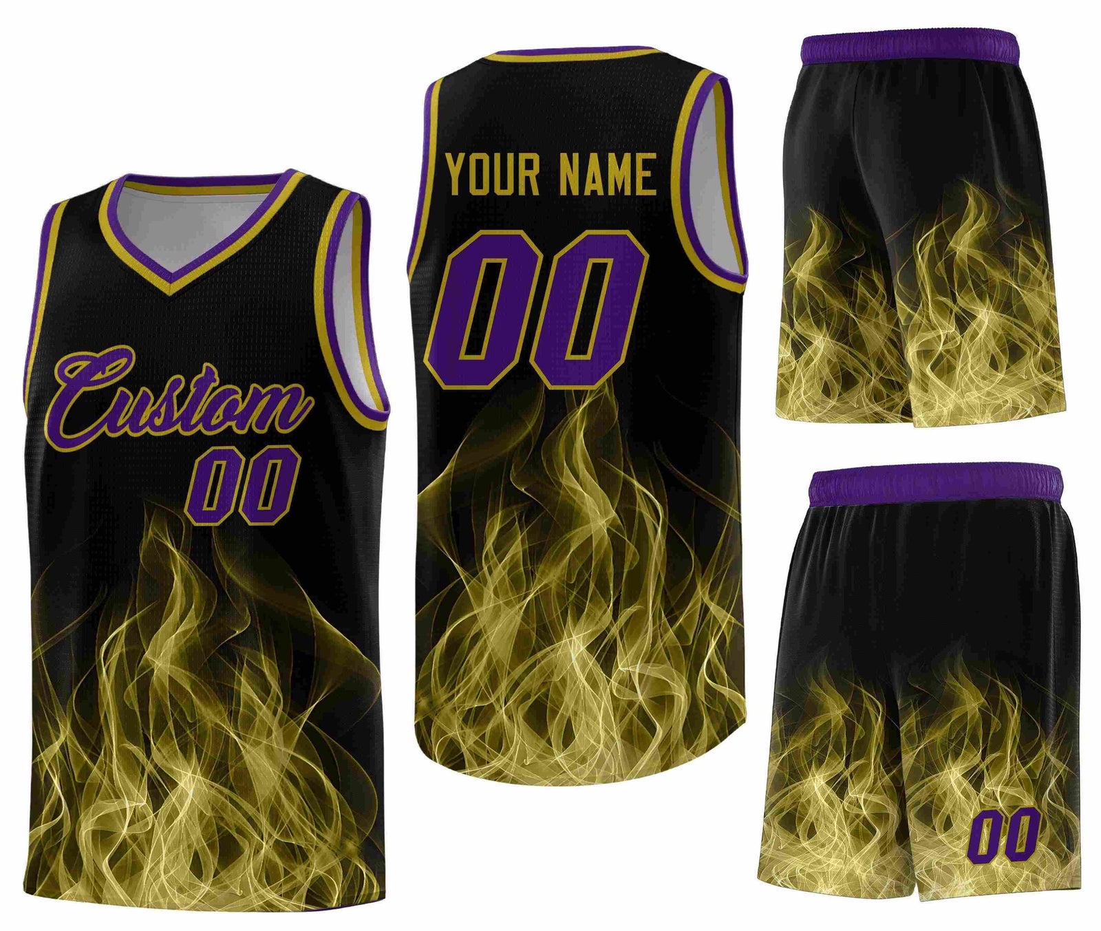 Custom Black Purple Flame Graffiti Pattern Drapable Personalized Uniform Basketball Jersey