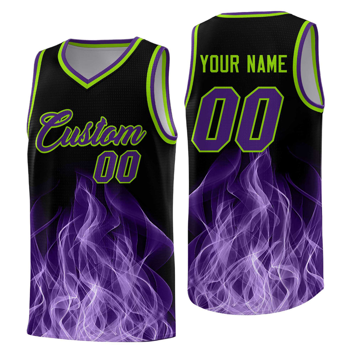 Custom Youth Basketball Jersey Black Neon Green Flame Fire Design Personalized Team Uniform Set