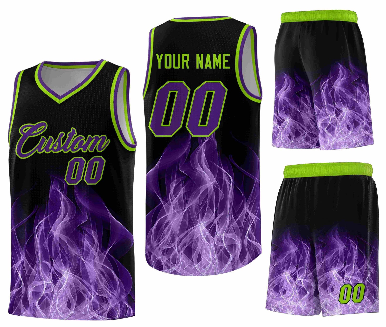 Custom Black Neon Green Flame Graffiti Pattern Breathable Personalized Uniform Basketball Jersey