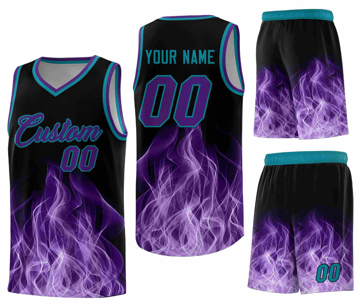 Custom Black Teal Flame Graffiti Pattern Quick-Drying Personalized Uniform Basketball Jersey
