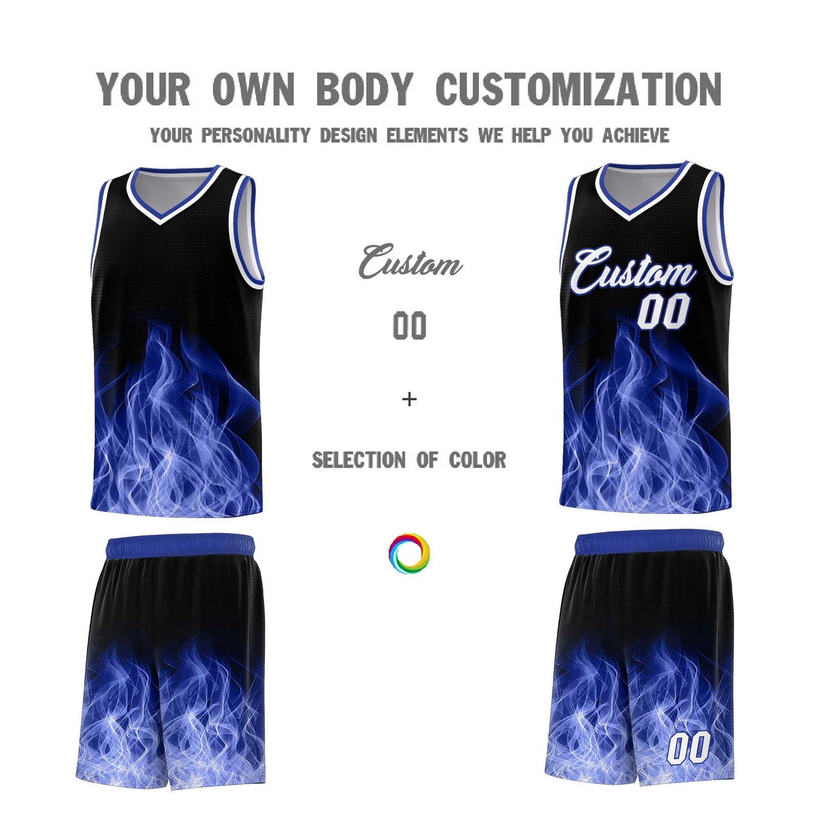 Custom Youth Basketball Jersey Black Royal Flame Design Personalized Team Uniform Set