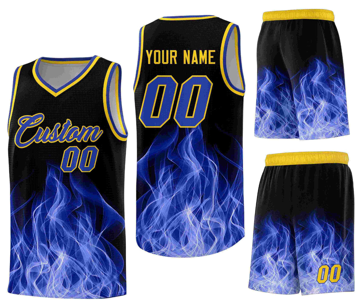 Custom Black Gold Flame Graffiti Pattern Wrinkle-Resistant Personalized Uniform Basketball Jersey