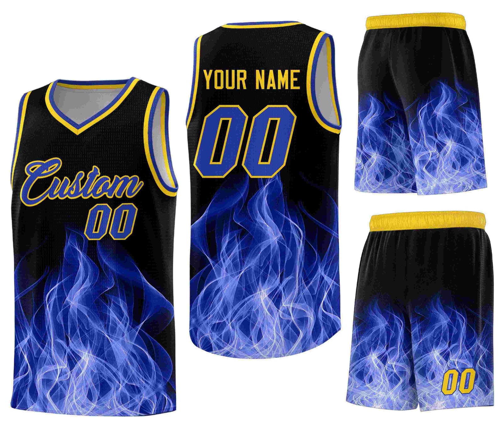 Custom Black Gold Flame Graffiti Pattern Wrinkle-Resistant Personalized Uniform Basketball Jersey