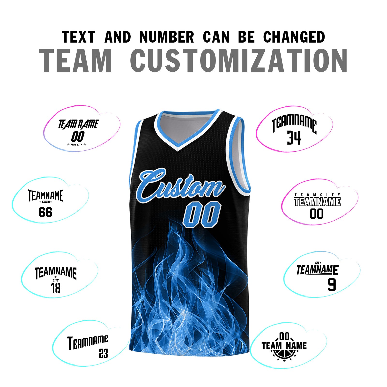 Custom Youth Basketball Jersey Black Light Blue Flame Design Unique Team Uniform Set