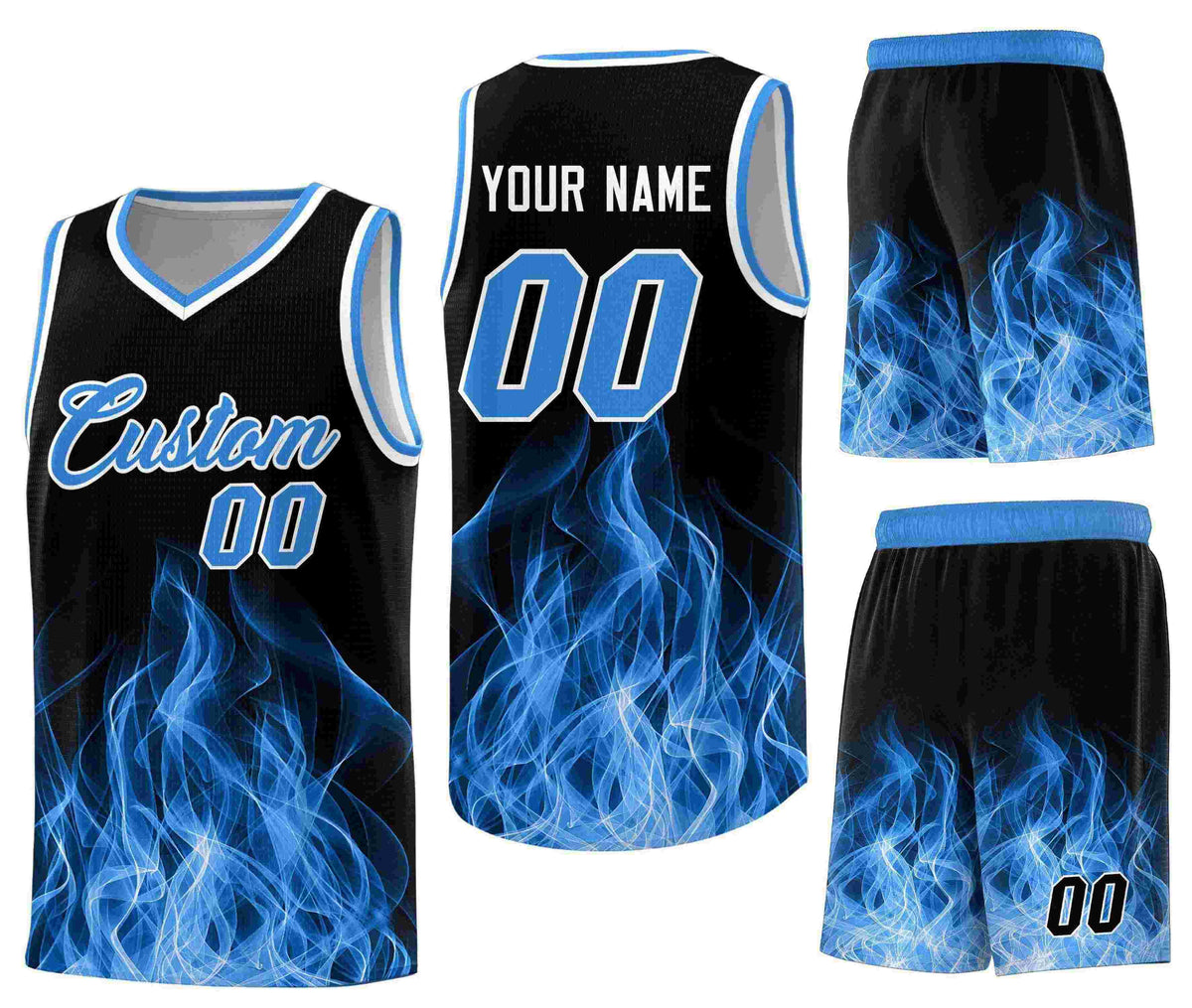 Custom Black Light Blue Flame Graffiti Pattern Drapable Personalized Uniform Basketball Jersey
