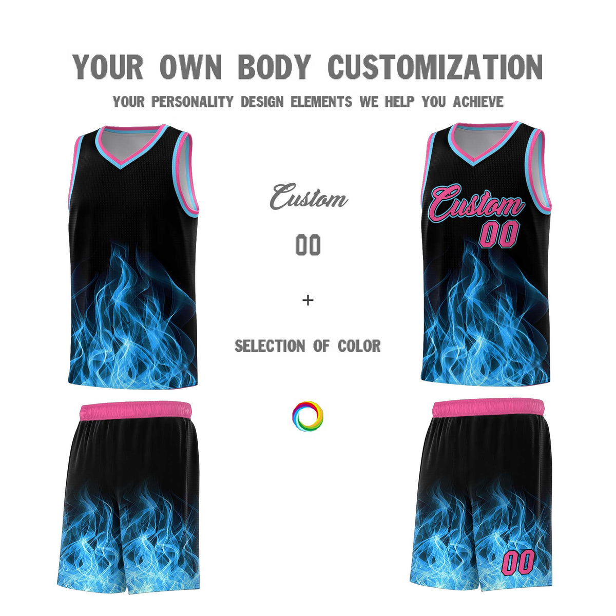 Custom Youth Basketball Jersey Black Pink Flame Design Personalized Team Uniform Set