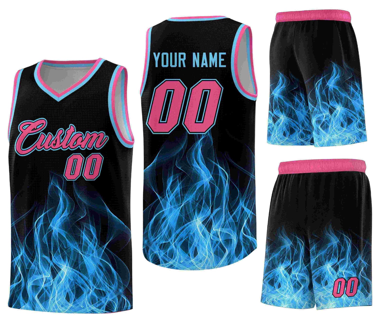 Custom Black Pink Flame Graffiti Pattern Sublimation Printing Personalized Uniform Basketball Jersey