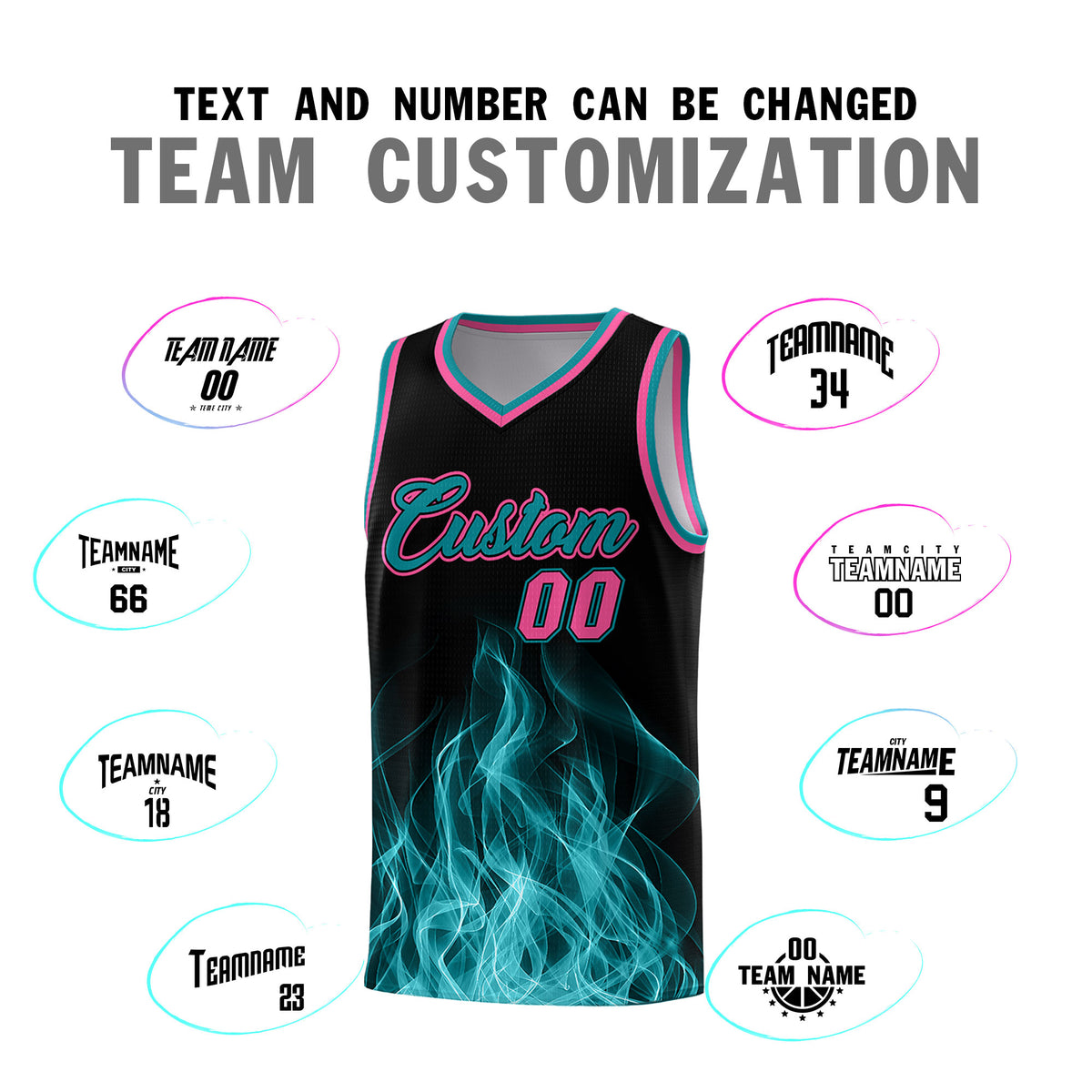 Custom Youth Basketball Jersey Black Teal Flame Fire Design Personalized Team Uniform Set
