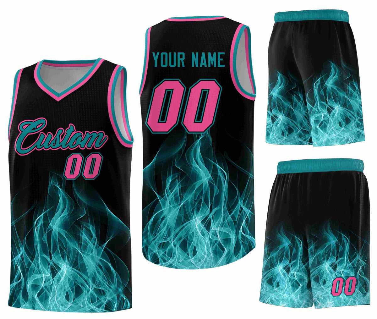 Custom Black Teal Flame Graffiti Pattern Breathable Personalized Uniform Basketball Jersey