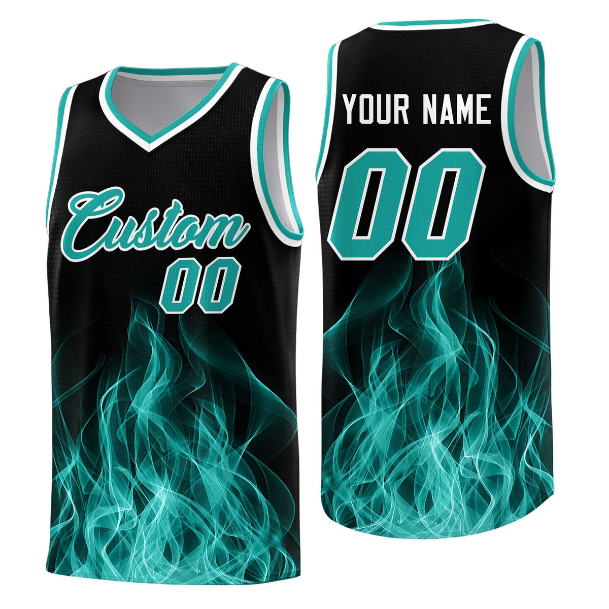 Custom Youth Basketball Jersey Black Aqua Flame Design Unique Team Uniform Set