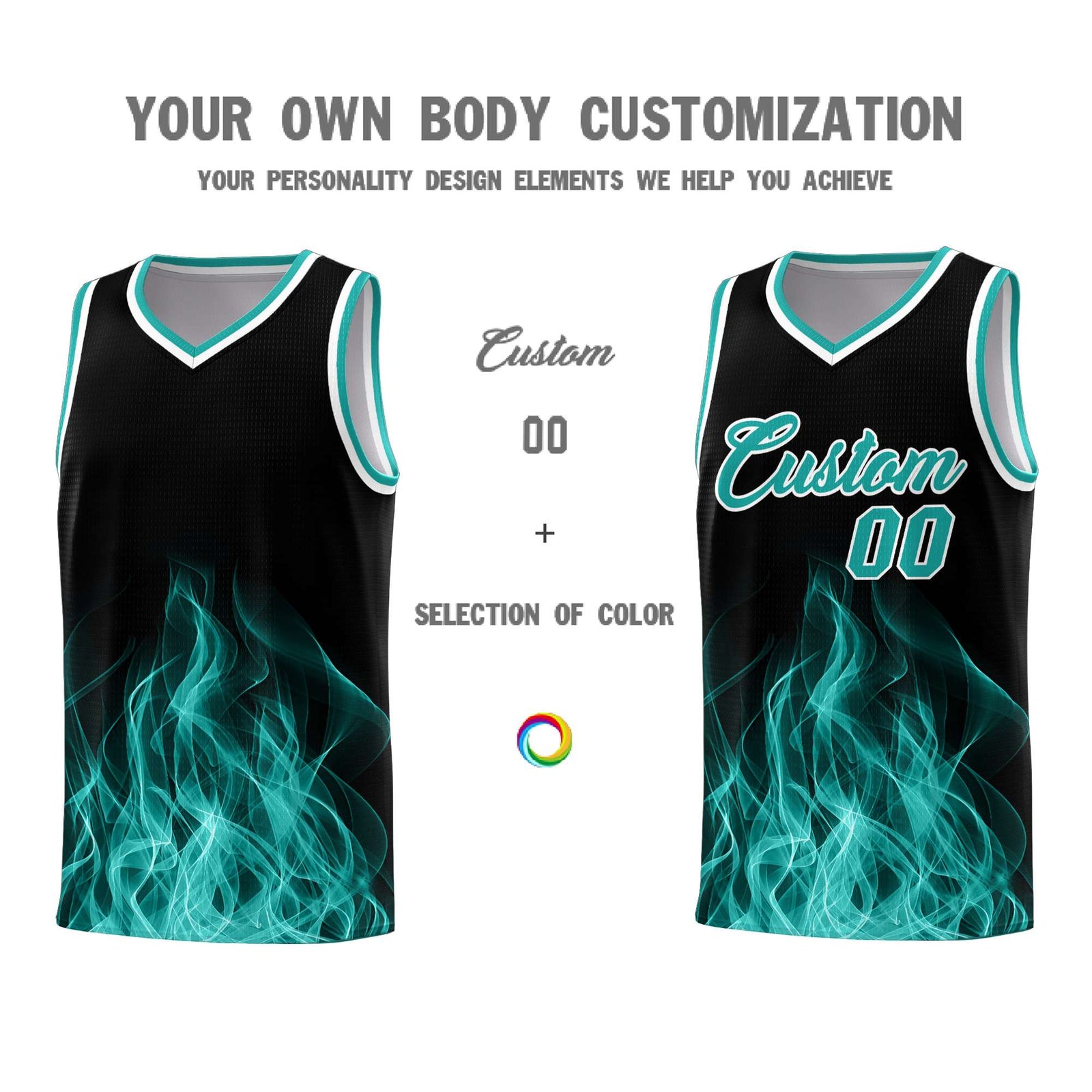 Custom Youth Basketball Jersey Black Aqua Flame Design Unique Team Uniform Set