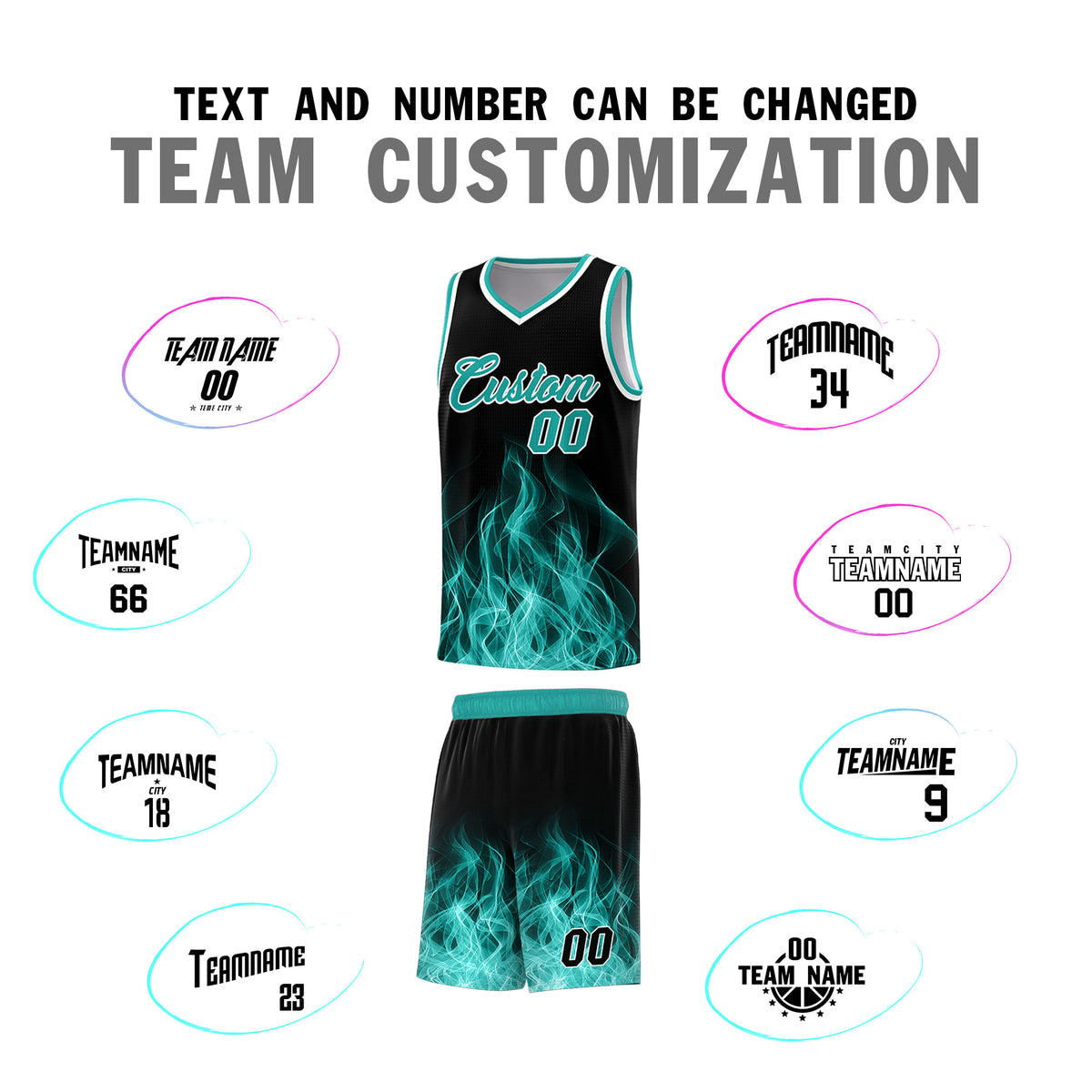 Custom Youth Basketball Jersey Black Aqua Flame Design Unique Team Uniform Set