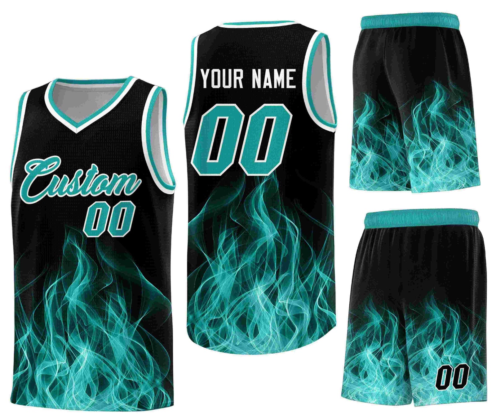 Custom Black Aqua Flame Graffiti Pattern Quick-Drying Personalized Uniform Basketball Jersey