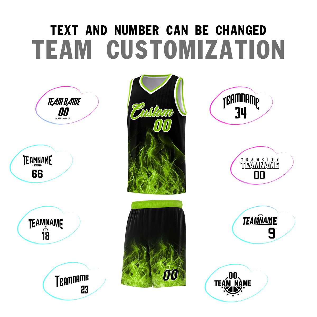 Custom Youth Basketball Jersey Black Neon Green Flame Design Personalized Team Uniform Set