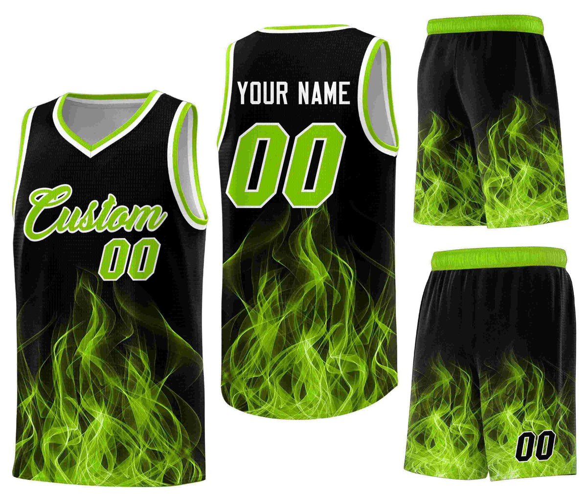 Custom Black Neon Green Flame Graffiti Pattern Lightweight Personalized Uniform Basketball Jersey