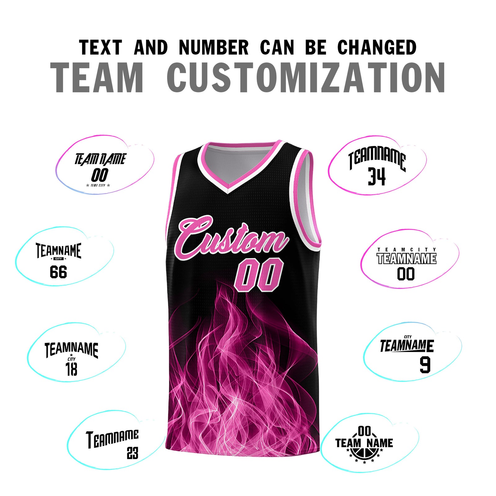Custom Youth Basketball Jersey Black Pink Flame Fire Design Personalized Team Uniform Set