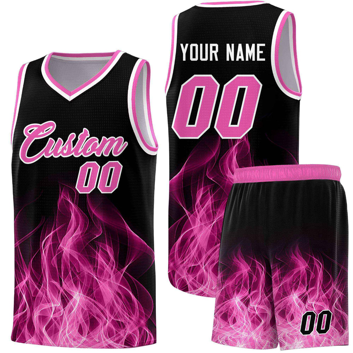 Custom Youth Basketball Jersey Black Pink Flame Fire Design Personalized Team Uniform Set