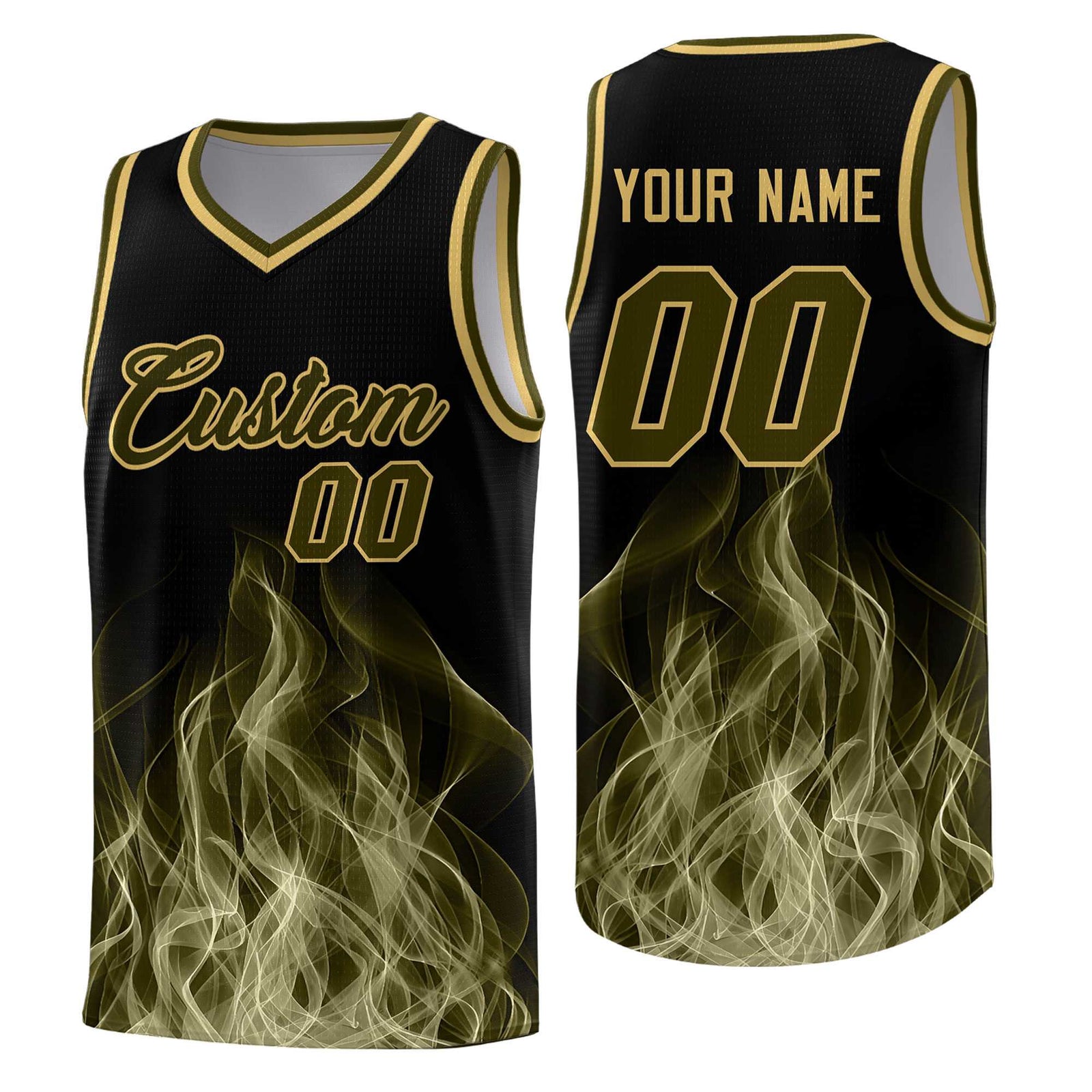 Custom Youth Basketball Jersey Black Khaki Flame Design Personalized Team Uniform Set