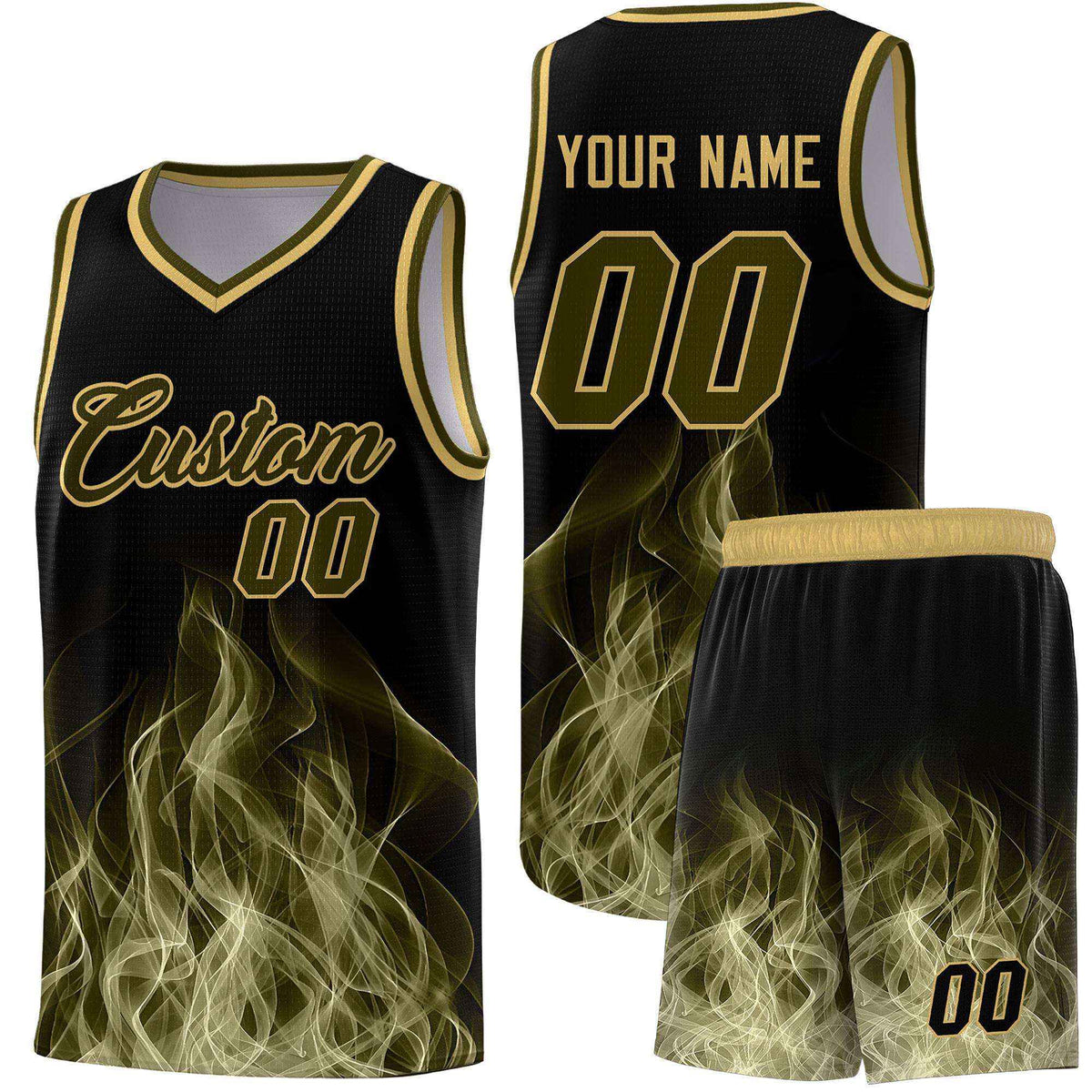 Custom Youth Basketball Jersey Black Khaki Flame Design Personalized Team Uniform Set