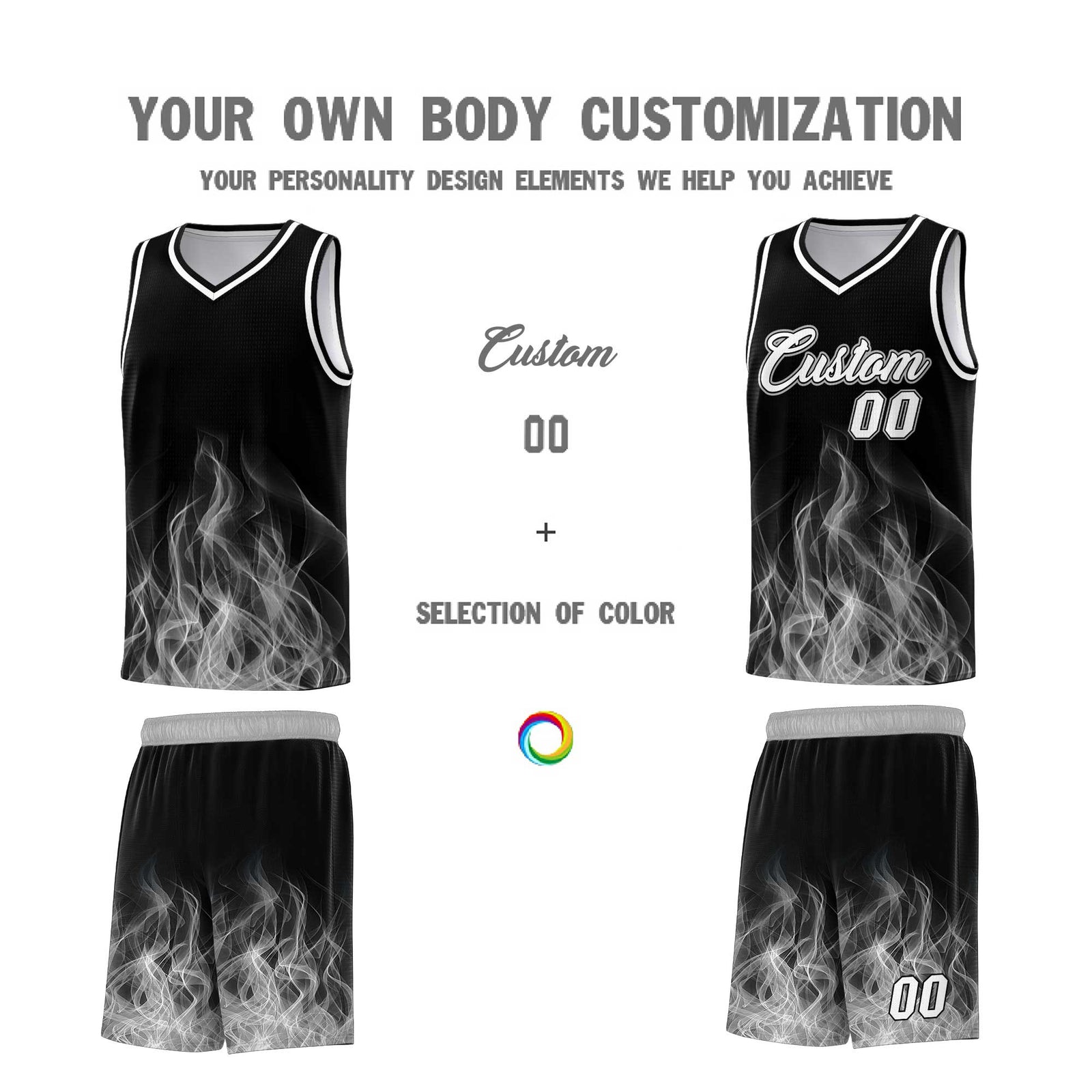 Custom Youth Basketball Jersey Black Gray Flame Fire Design Personalized Team Uniform Set