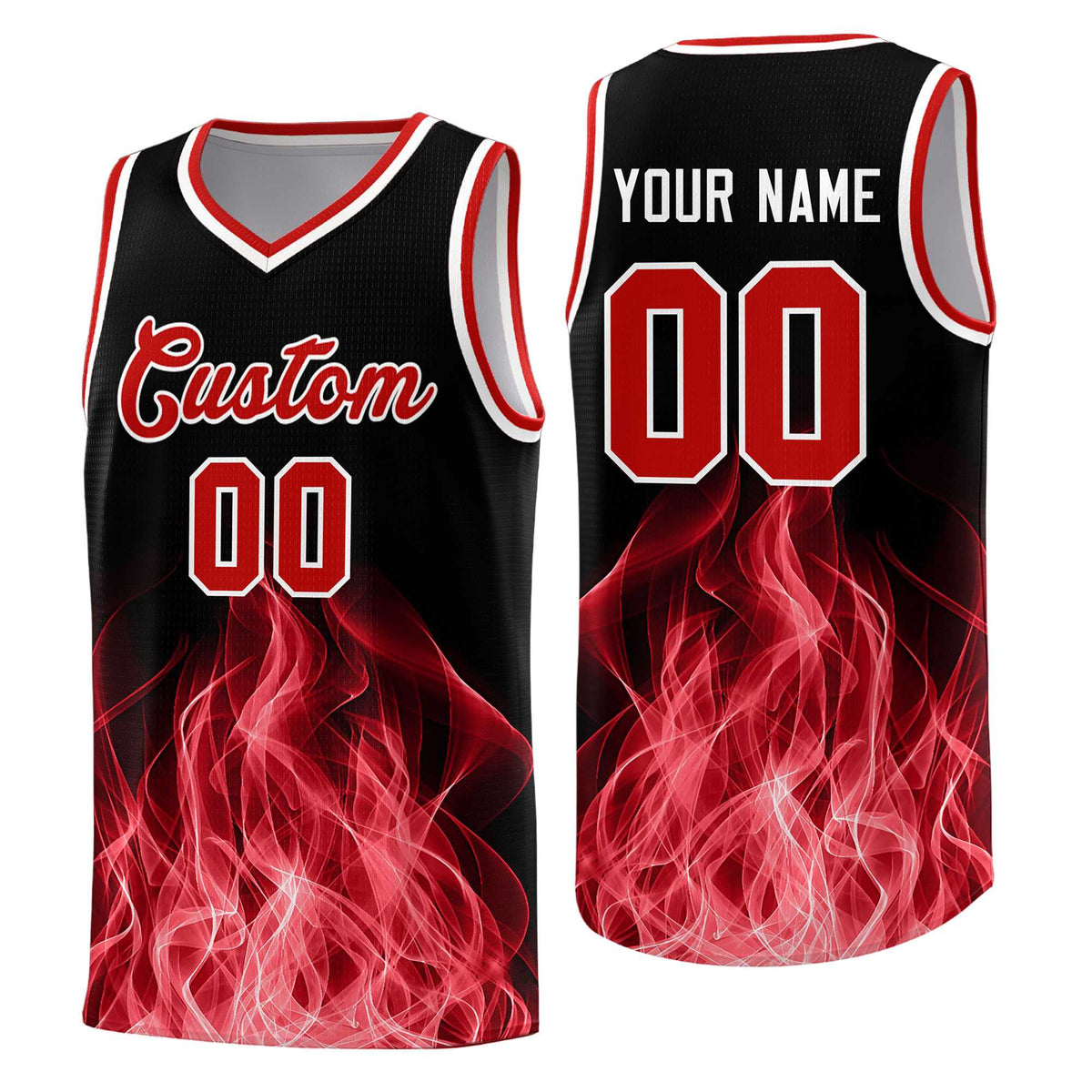 Custom Youth Basketball Jersey Black Red Flame Fire Design Personalized Team Uniform Set